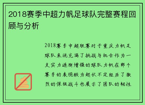 2018赛季中超力帆足球队完整赛程回顾与分析